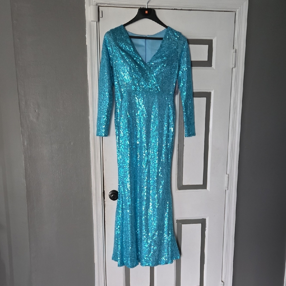 Sparkling Long Sleeve Turquoise Dress